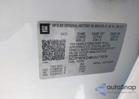 2019 GMC Sierra 1500 Slt z USA, uszkodzony, nr VIN 3GTP8DED4KG177076